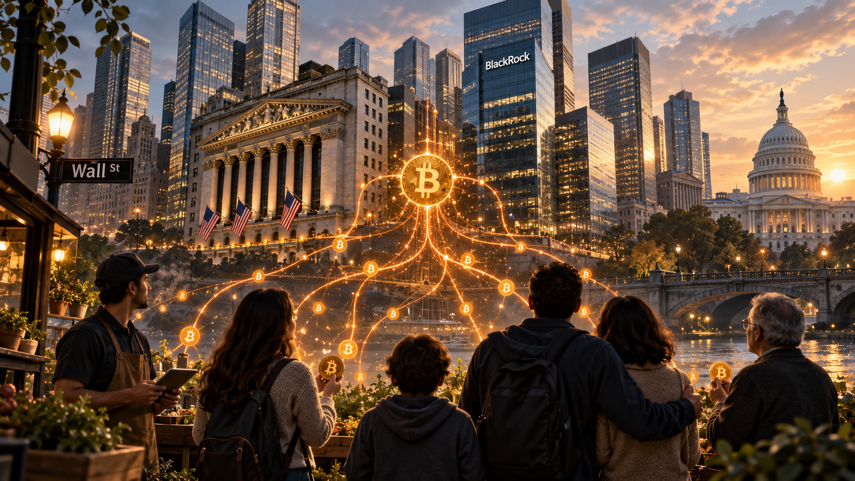 Orange Bitcoin-Verbindungen führen von einzelnen Sparern zu Wall Street, BlackRock und einem Regierungsgebäude.